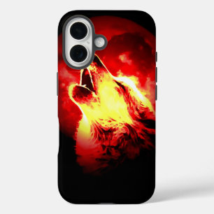 Coques iPhone 16 Loup, lune et ciel rouge