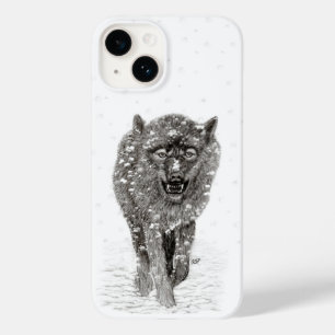 Coque Pour iPhone 14 Loup noir en colère dans la neige, hiver sauvage