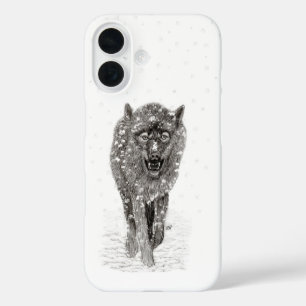 Coques iPhone 16 Loup noir en colère dans la neige, hiver sauvage