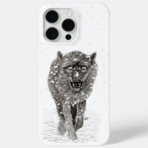 Coque iPhone 15 Pro Max Loup noir en colère dans la neige, hiver sauvage