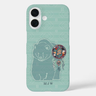 Coques iPhone 16 L'ours en Turquoise, amérindienne monogramme