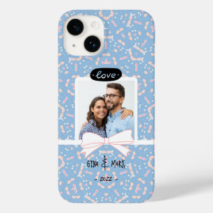 Coque Pour iPhone 14 Love Couple Photo Pink Bow Nom manuscrit