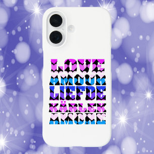 Coques iPhone 16 Love Typographie Langues Coeurs rose violet bleu