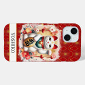 Coques Case-Mate iPhone Lucky Cat With Red Flowers Monogrammed (Verso (horizontal))