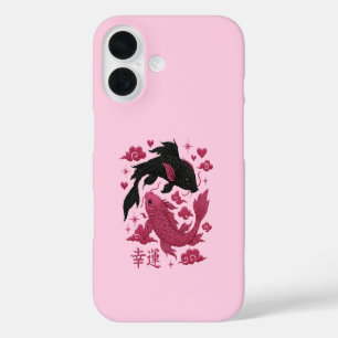 Coques iPhone 16 Lucky Koi Yin-Yang Broderie Esthétique Noir & Ro