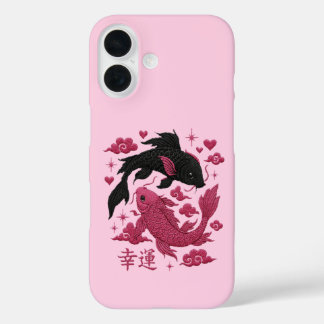 Coques iPhone 16 Lucky Koi Yin-Yang Broderie | Esthétique Noir & Ro