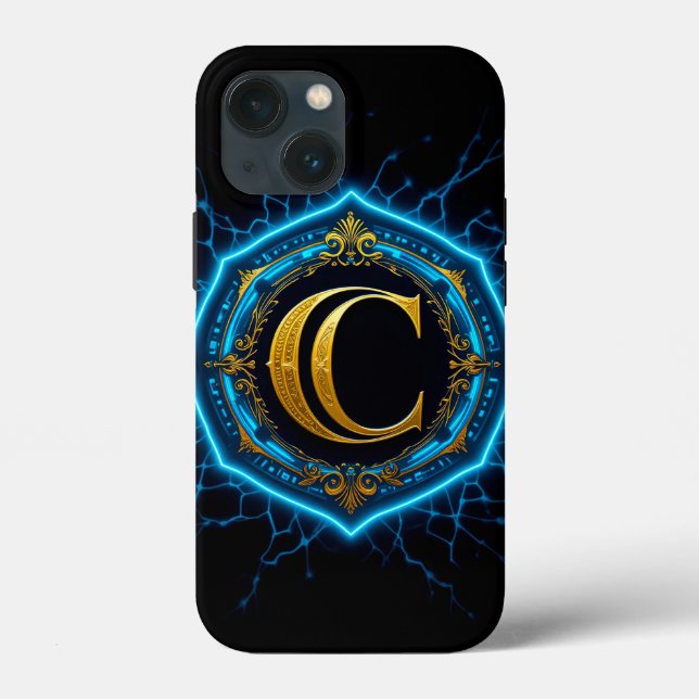 Coques Case-Mate iPhone ⚡ Lueur Bleu Électrique Or Monogramme Luxe Néon (Verso)