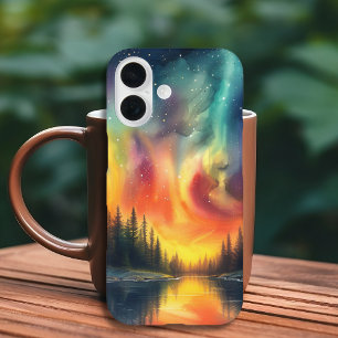 Coques iPhone 16 Lueurs Boréales sur les étoiles du lac