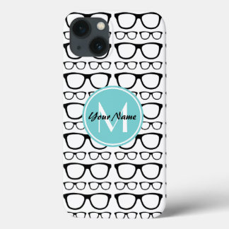 Coques Pour iPhone Lunettes noires monogrammes Aqua Nom personnalisé