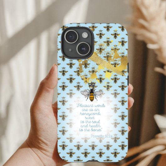Coques Case-Mate iPhone Luxury Pastel Blue Gold Bee Grid Faith Queen Bee