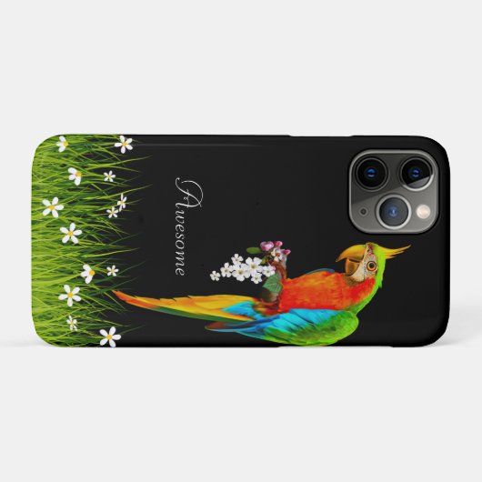 Coques Case-Mate iPhone Macaw & Fleurs blanches tropicales sur noir (Dos (Horizontal))