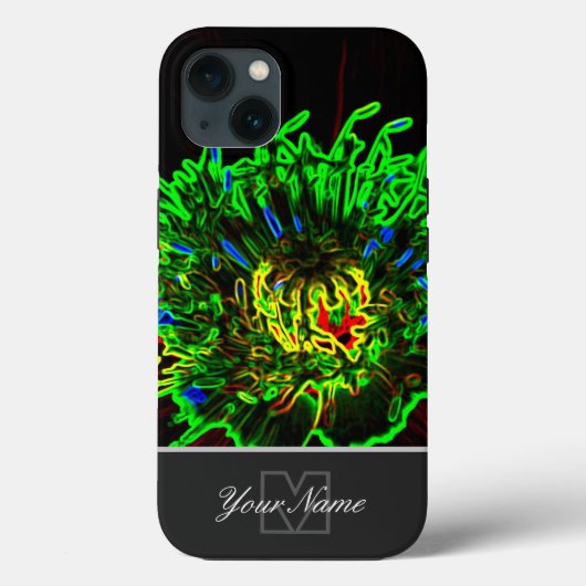Coques Case-Mate iPhone Macro de fleur verte néon-pop-art avec Monogramme (Verso)