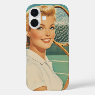 Coques iPhone 16 Magazine des années 1950 Illustration Tennis Woman