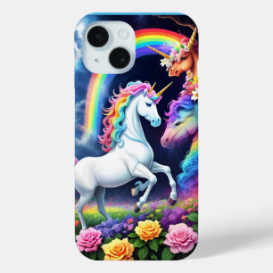 Coque Pour iPhone 15 Magique Arc-en-ciel Unicornes Fleurs paysage