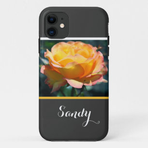 Coque Case-Mate Pour iPhone Magnifique fleur de rose jaune élégante, avec nom