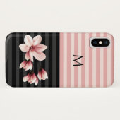 Coques Case-Mate iPhone Magnolias monogrammes noirs et bleus (Dos (Horizontal))