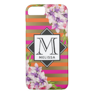 Case-Mate iPhone Case Magnolias sur Pink & Faux Gold Stripes Monogrammes