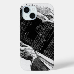 Coque Pour iPhone 15 Mains w Architectural Blueprints, Vintage Business