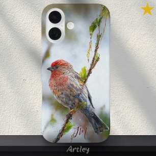 Coques iPhone 16 Maison Finch Peinture d'oiseaux Nom personnalisé