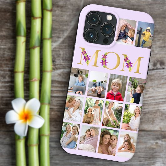 Coques Case-Mate iPhone Maman Lettres de fleurs d'or 14 Collage photo vert