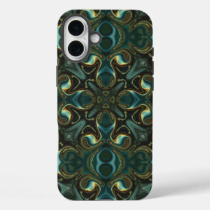 Coques iPhone 16 Plus Mandala abstrait symétrique émeraude et or