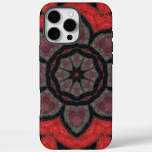 Coques iPhone 16 Pro Max Mandala de fleurs kaléidoscope rouge et noir gras