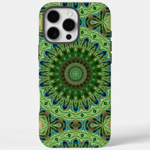 Coques iPhone 16 Pro Max Mandala de plumes de paon Symétrie émeraude et ble