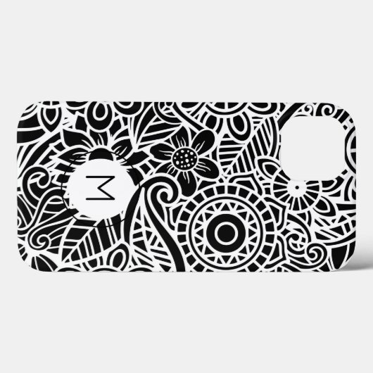 Coques Case-Mate iPhone Mandala Floral Moderne Monogramme INITIAL Noir Bla (Verso (horizontal))