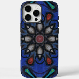 Coques iPhone 16 Pro Max Mandala kaléidoscope bleu avec accents rouges et g