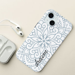 Coque Pour iPhone 15 Mandala Moderne Bleu Poussiéreux Script