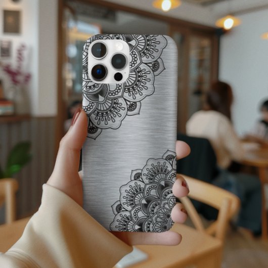 Coques Case-Mate iPhone Mandala noir élégant avec dos métallique argenté