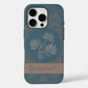 Coques iPhone 16 Pro Mandala personnalisé doré et sarcelle rococo à poi