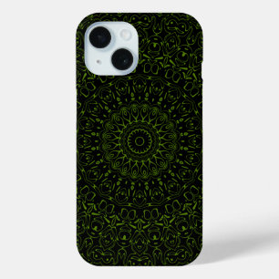 Coque Pour iPhone 15 Mandala Vert Avocat avec Symétrie Géométrique