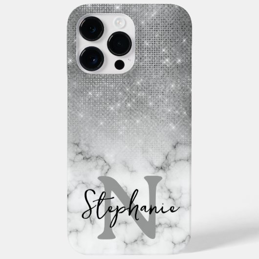 Coques Case-Mate iPhone Marbre à paillettes d'argent en dégradé Monogramme (Verso)