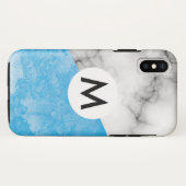 Coques Case-Mate iPhone marbre à texture bleue avec monogramme (Dos (Horizontal))