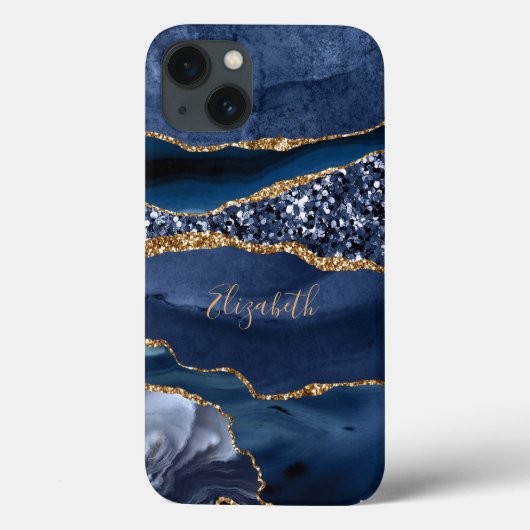 Coques Case-Mate iPhone Marbre Agate Pailleté Bleu Or Tendance Monogram (Verso)
