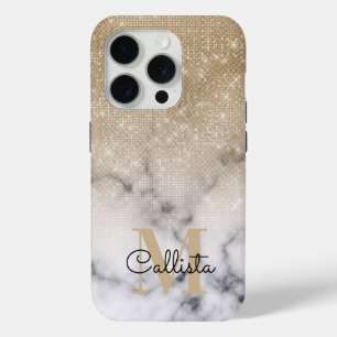 Coque iPhone 15 Pro Marbre blanc de Parties scintillant or glamour Omb