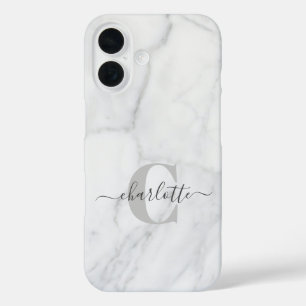 Coques iPhone 16 Marbre Blanc et Gris Monogramme Personnalisé
