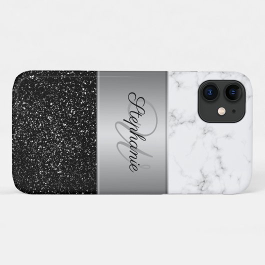 Coques Case-Mate iPhone Marbre blanc gris chic Parties scintillant noire M (Dos (Horizontal))