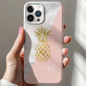 Coques Case-Mate iPhone Marbre Blanc Monogramme Pastel Rose Ananas Or