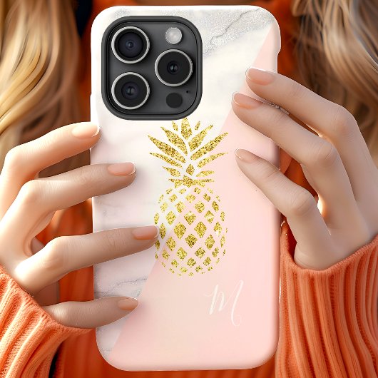 Coques Case-Mate iPhone Marbre Blanc Monogramme Pastel Rose Ananas Or