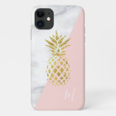Coques Case-Mate iPhone Marbre Blanc Monogramme Pastel Rose Ananas Or (Dos)