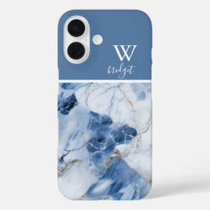 Coques iPhone 16 marbre bleu abstrait motif côtier