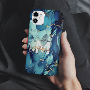 Coque Pour iPhone 14 marbre bleu aqua chic faux paillettes dorées monog