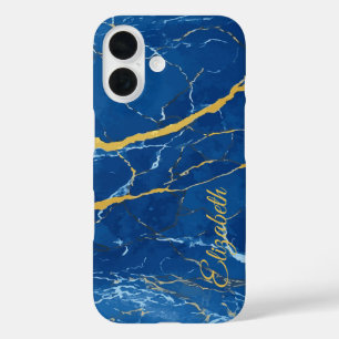 Coques iPhone 16 Marbre bleu avec accents jaunes Nom personnalisé