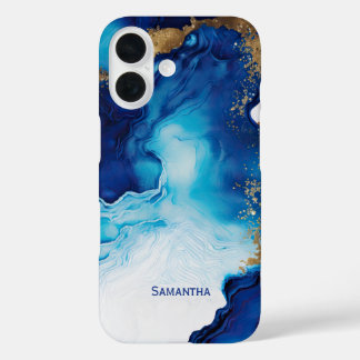 Coques iPhone 16 Marbre bleu blanc or