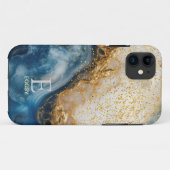 Coques Case-Mate iPhone Marbre bleu chic monogramme paillettes dorées (Dos (Horizontal))