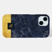Coques Case-Mate iPhone Marbre Bleu Élégant Monogramme Or (Verso (horizontal))