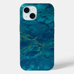 Coque Pour iPhone 15 Marbre bleu et jaune Abstrait Mosaic Fluid Art