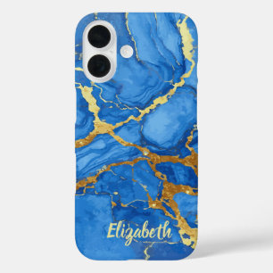 Coques iPhone 16 Marbre bleu et or élégant